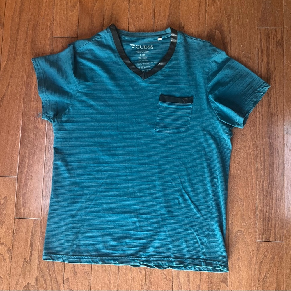 Guess Teal V-Neck T-Shirt with Black Trim